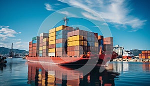 Shipping containers floating in the sea, transporting cargo, with space for text, against a blue sky