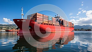 Shipping containers floating in the sea, transporting cargo, with space for text, against a blue sky