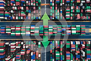 Shipping containers with green arrow up, increased transportation volumes photo