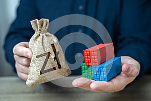 Shipping containers and polish zloty money bag. Economic growth, production and development of transport infrastructure. Make a