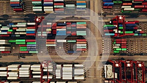 Shipping, containers and port yard on drone for export trade, stock or import storage. Commercial logistics, transport