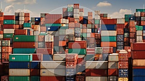 Shipping containers stacked at a bustling port, illustrating the movement of goods across international borders in the global