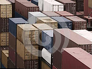 Shipping Containers Stacked At Busy Cargo Port