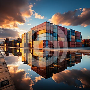 Shipping containers stacked in a busy port with cargo on transport ship, perfect for text placement