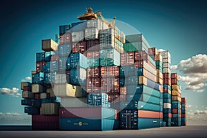 Shipping containers stacked high against a clear blue sky with a bustling port in the background