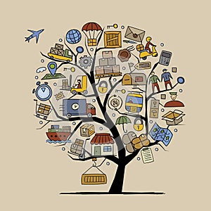 Shipping and delivery concept art tree in flat style. Isolated on beige background for your design. Perfect for ads