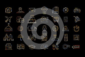 Shipping and delivery icons set for your design. Outline colouring style on black background. For presentation, mobile