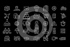 Shipping and delivery icons set for your design. Outline style, white on black. For presentation, mobile application