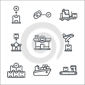 shipping and delivery line icons. linear set. quality vector line set such as conveyor belt, cargo ship, boxes, plane, warehouse,