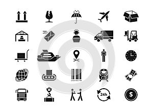 Shipping, delivery and logistics vector icons. Retail and transportation pictograms