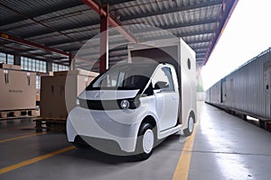 shipping distribution electric car cardboard cargo truck transportation warehouse industry. Generative AI.