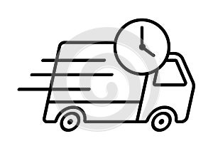 Shipping fast delivery truck with clock icon symbol, Pictogram flat outline design for apps and websites