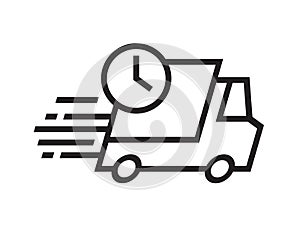 Shipping fast delivery truck with clock icon symbol, Pictogram flat outline design for apps and websites