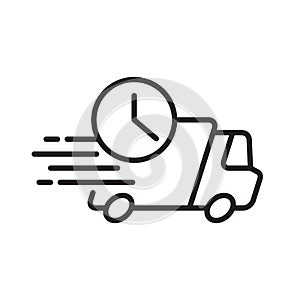 Shipping fast delivery truck with clock icon symbol, Pictogram flat outline design for apps and websites.