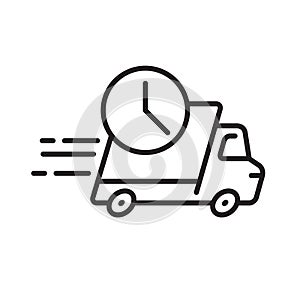 Shipping fast delivery truck with clock icon symbol, Pictogram flat outline design for apps and websites