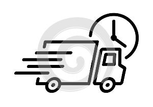 Shipping fast delivery truck with clock icon symbol, Pictogram flat outline design for apps and websites, Vector illustration