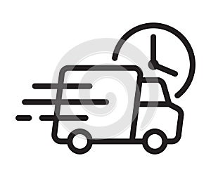 Shipping fast delivery truck with clock icon symbol, Pictogram flat outline design for apps and websites, Vector illustration.