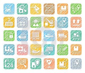 Shipping, flat icons, pencil hatching, colored, vector.