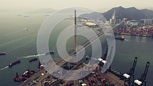 Shipping, global and container port on drone or cargo crane, export trade as import storage. Commerce, bridge and