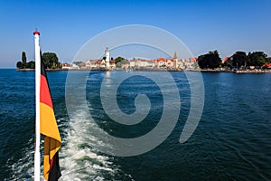 Shipping from the harbor entrance of the island Lindau at Lake Constance in Bavaria, Germany