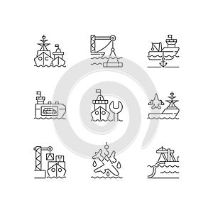 Shipping industry linear icons set
