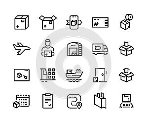 Shipping line icons. Outline box package, warehouse mail tracking and cargo transport pictograms. Vector editable line