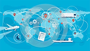 Shipping, logistic supply chain vector illustration. Export, import concept background with global earth map, pointers