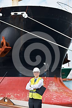 Shipping logistics, delivery and boat engineer with motivation, innovation or vision for ocean or sea cargo port