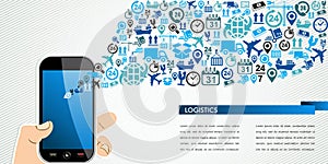 Shipping logistics mobile human hand icons splash.