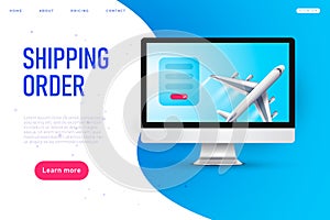 Shipping order web page, plane 3d realistic model into desktop mockup. web page landing
