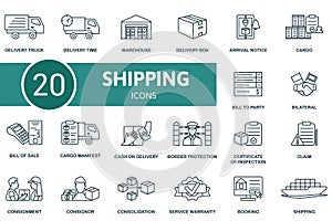 Shipping outline icons set. Creative icons: delivery truck, delivery time, warehouse, delivery box, arrival notice