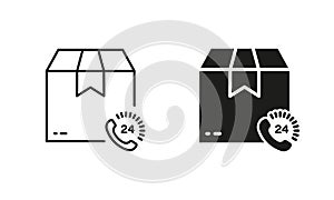 Shipping Parcel Box Around the Clock Silhouette and Line Icon Set. Fast Delivery Service 24 Hours 7 Days Pictogram