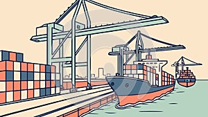 Shipping Port Activity: Container Ship Loading with Cranes, vector design Generative AI