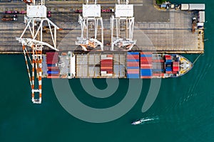 Shipping port and shipping container loading and unloading aerial top view