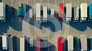 shipping service company, commercial delivery of vans in a row, view from above