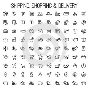 Shipping, shopping and delivery icons set white background