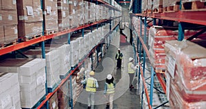 Shipping, stock and shelves with warehouse people walking together for logistics, storage or inspection. Safety