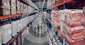 Shipping storage and delivery with warehouse people walking together for logistics, stock or inspection. Industry