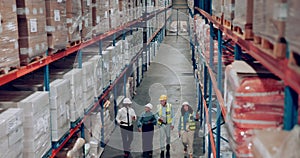 Shipping, supply chain and stock with warehouse people walking together for logistics, storage or inspection. Industry