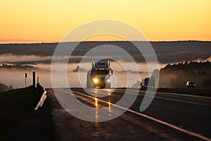 Shipping Truck at Dusk with Fog