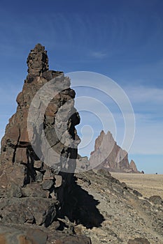 Shiprock, the great volcanic rock mountain in desert plane of New Mexico, USA