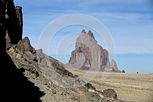 Shiprock, the great volcanic rock mountain in desert plane of New Mexico, USA