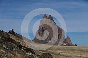 Shiprock, the great volcanic rock mountain in desert plane of New Mexico, USA