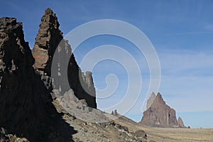 Shiprock, the great volcanic rock mountain in desert plane of New Mexico, USA