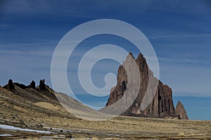 Shiprock, the great volcanic rock mountain in desert plane of New Mexico, USA