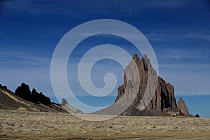 Shiprock, the great volcanic rock mountain in desert plane of New Mexico, USA