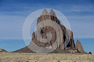 Shiprock, the great volcanic rock mountain in desert plane of New Mexico, USA