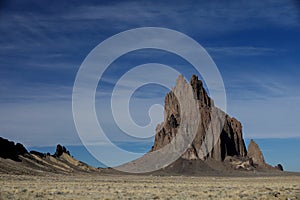 Shiprock, the great volcanic rock mountain in desert plane of New Mexico, USA