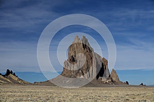 Shiprock, the great volcanic rock mountain in desert plane of New Mexico, USA