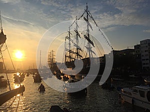 Ships in the Amsterdam IJhaven at sunset